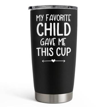 Imagem de SANDJEST Copo My Favorite Child Gave Me This Cup Dad - Presentes de Natal para pai de filha e filho - Caneca de viagem de café isolada de aço inoxidável com estampa de seda de 590 ml - Conjunto de presente de aniversário preto para pais