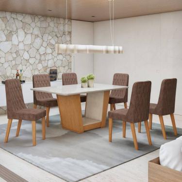 Imagem de Conjunto Apogeu 170cm Tampo MDF com Vidro e 6 Cadeiras Luar Amêndoa Clean/Off White/Morano Avelâ