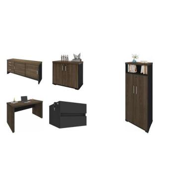 Imagem de Conjunto Mesa Tamburato 1400 Mesa De Apoio Gaveteiro Suspenso Balcão Com Gavetas Armário E Balcão Charuto preto