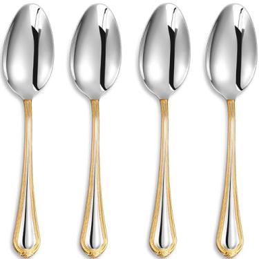 Imagem de KEAWELL Conjunto De 4 Colheres Premium Pearl Edge, Aço Inoxidável 18/10, Prata Fina Com Design Refinado Contas, Polimento Brilhante, Laváveis Na Máquina Lavar Louça (Com Detalhes Dourados, Servir 23