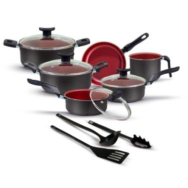 Imagem de Jogo De Panelas Antiaderente 9 Peças Kit Conjunto Teflon Tampa De Vidro Durável(Preto Com Cereja)