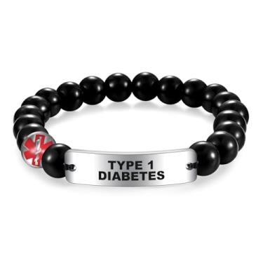 Imagem de COMTRUD Pulseira de identificação médica de aço inoxidável dobra etiqueta de identificação da marca para homens mulheres obsidiana alerta médico pulseira contas personalizado joia presente