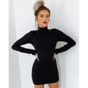 Imagem de vestido feminino curto gola alta manga longa malha canelada estilo - f