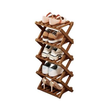 Imagem de Comeon Sapateira de bambu, sapateira vertical dobrável para entrada da porta da frente, organizador de sapatos estreito, pequena prateleira para armazenamento de sapatos de entrada, armário de várias