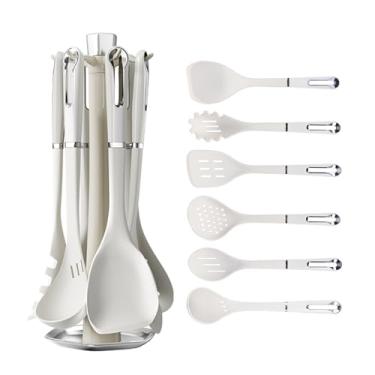 Imagem de FTNESGYM Conjunto de 7 peças de utensílios de cozinha, conjunto de espátula de silicone branco com suporte giratório de 360°, conjunto de ferramentas de cozinha resistente ao calor de 230 °C, conjunto