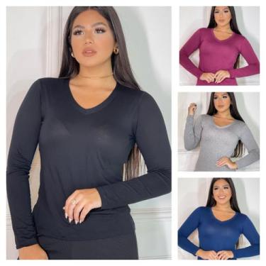 Imagem de Kit 4 Blusas de frio Feminina Gola V Manga Longa Segunda Pele - GK, Pr