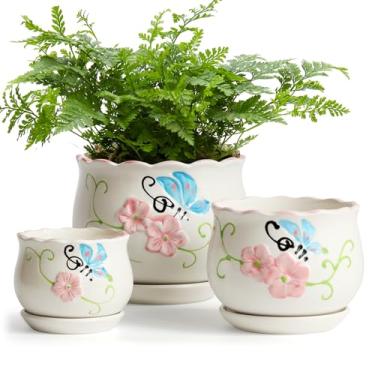 Imagem de STHIE Vasos de cerâmica com orifícios e pires de drenagem, vasos de flores redondos para plantas de interior, conjunto de 3 vasos de flores grandes de 9,9/5,2/16,7 cm