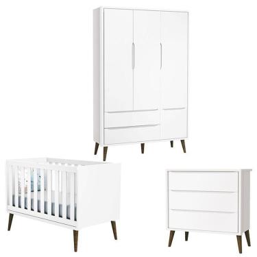 Imagem de Quarto De Bebê Theo 3 Portas Branco Acetinado Com Pés Amadeirado - Reller