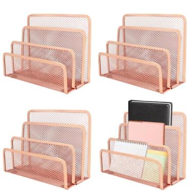 Imagem de TUSAUW Organizador de correio de mesa de 4 peças, suporte de carta de mesa, suporte de arquivo de metal com 3 compartimentos, organizador de arquivos de mesa de malha de metal com 3 compartimentos