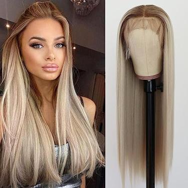 Imagem de TaBeWay Peruca sintética loira ombré com tela frontal, longa, lisa, sem cola, com cabelo de bebê, fibra resistente ao calor, loiro e lace frontal, Yaki para mulheres