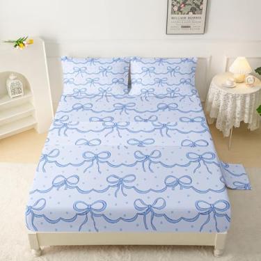 Imagem de QOOMO Jogo de lençol casal infantil com laço e laço de 40,6 cm, estampa de laço azul, macio e respirável para meninos/meninas/crianças/adolescentes