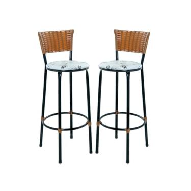 Imagem de Kit 2 Banquetas Cadeiras Altas Bistrô Encosto em Junco Imbuia Para Bancadas, Cozinhas e Áreas externas (BRANCO FLORIDO)