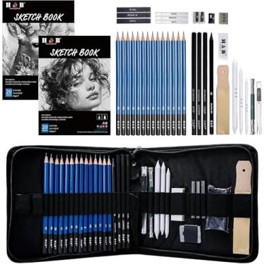Imagem de H & B Pacote com 36 kit de esboço, suprimentos de esboço com 2 blocos de esboço, lápis de grafite, bastões de carvão, borracha, kit de desenho profissional para artistas iniciantes e adultos, ideal