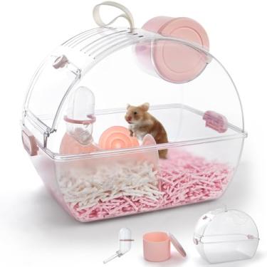 Imagem de Gaiolas de hamster pequenas e portáteis, 33 × 21 × 27 cm com garrafa de água, gaiola de viagem para hamster anão com caixa de armazenamento, gaiola de transporte de animais de estimação de acrílico