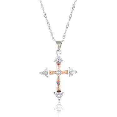 Imagem de RIZILIA Pingente de cruz com corrente de 45,7 cm e corte redondo trapézio CZ [multicolorido] banhado a ouro branco, simples, moderno e elegante, Medium, Zircônia cúbica