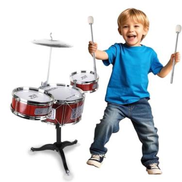 Imagem de MINI BATERIA MUSICAL 4 PÇS EDUCATIVO BRINQUEDO 3 TAMBORES + 1 PRATO + 2 BAQUETAS + SUPORTE INTERATIVO INFANTIL ROCK COMPLETA INSTRUMENTO MENINO MENINA 30/26/14 CENT (VERMELHO)