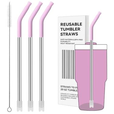 Imagem de Prurex Canudos de metal reutilizáveis com ponta de silicone para Stanley 590 ml, canudos de aço inoxidável para copo de 590 ml, 3 tubos retos e 6 pontas e 1 escova Cleanr (Lilás)