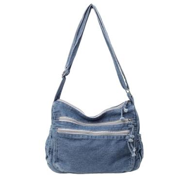Imagem de Bolsa jeans feminina bolsa jeans bolsa de ombro bolsa transversal retrô moderna para uso diário e viagens, Azul claro, Large