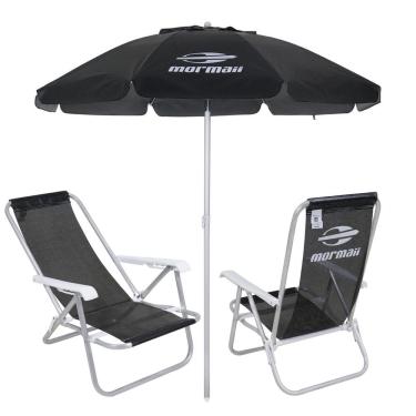 Imagem de Kit 2 Cadeiras Reclinável Alumínio + Guarda Sol Bagum 2m Preto Mormaii - Belfix
