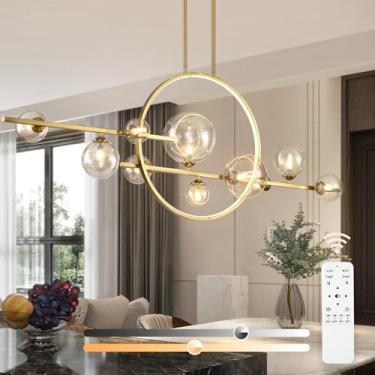 Imagem de KELUOLY Luz de ilha de cozinha dourada 10 claras, lustre moderno regulável de 137 cm para sala de jantar de meados do século, luzes pendentes lineares Sputnik com sombra de vidro transparente para