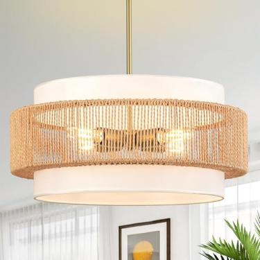 Imagem de Lustre de vime Boho, luminária pendente boho grande de 50 cm com abajur de tecido, luminária de vime de 4 luzes para pendurar no teto para sala de jantar, sala de estar, quarto, ilha de cozinha