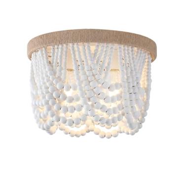 Imagem de AMZASA Branco Boho Madeira frisada com corda de cânhamo Montagem Embutida Luz de Teto Casa de Fazenda Pequeno Lustre Luminária para Quarto Corredor Entrada Armário Cozinha Sala de Jantar Sala de Estar
