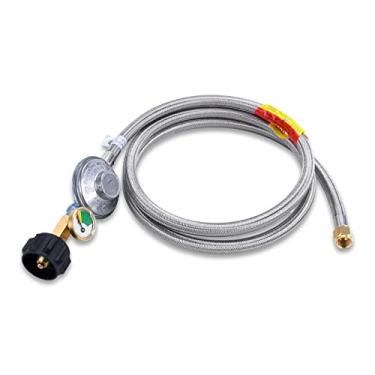 Imagem de JEASOM Regulador de mangueira de propano de 1,8 m com calibre, conexão QCC1 trançada inoxidável para a maioria das churrasqueiras a gás LP, aquecedor e mesa de fogueira, porca flare fêmea de 9,5 cm