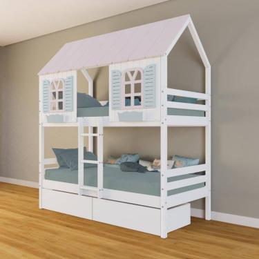 Imagem de Beliche Casinha Bela com 2 Gavetas - Madeira Maciça Branco/Rosa/Verde | Housin