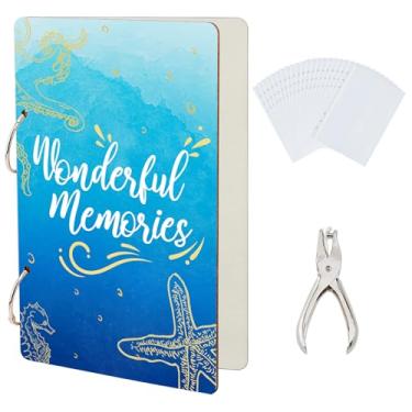 Imagem de SUPERDANT Wonderful Memories Conjunto organizador de cartões de felicitações Shell Waves Starfish Wooden Card Keeper Binder Suit Holder Book with 2-Ring Inner Sleeve and Punch for Birthday Wedding