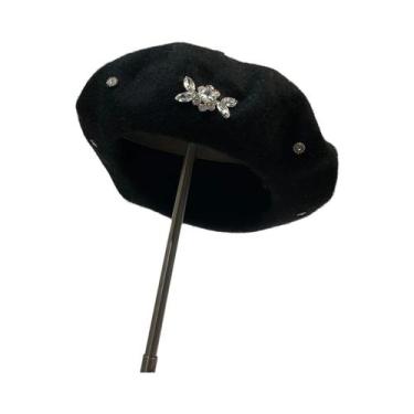 Imagem de Boina Feminina de Lã com Strass - Moda Coreana para Inverno, Preto