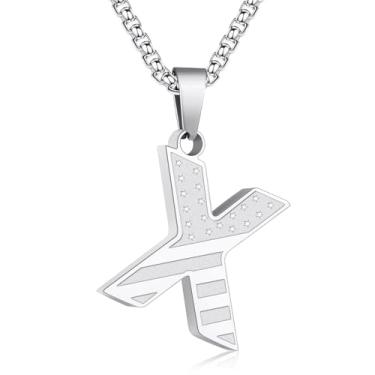 Imagem de Zocomi Colar com pingente de inicial da bandeira americana para homens e meninos, corrente de aço inoxidável 316L A-Z caixa de letras 50 + 5 cm joias presentes, Aço inoxidável, Sem Pedra Preciosa