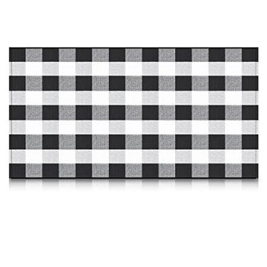 Imagem de Tapete xadrez de búfalo preto e branco, tapete xadrez de búfalo, para ambientes externos, ambientes internos, capacho quadriculado, lavável, tecido, decoração de varanda frontal para porta, casa,