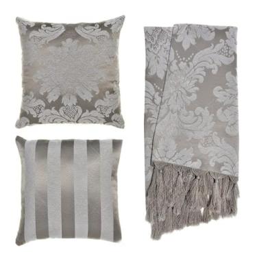 Imagem de Kit 1 Manta Xale para Sofá e Poltronas Em Tecido Jacquard 2 Capas De Almofada (Cinza e Cru,1 Manta - 2 Capas)
