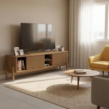 Imagem de Rack com pés em madeira maciça para TV 55 Polegadas com Ripado 2 porta