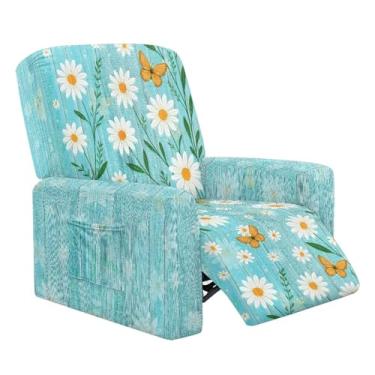 Imagem de Fiqyvagox Capas reclináveis de 4 peças para cadeira reclinável Lazyboy, protetor de móveis com bolso de armazenamento, capas reclináveis para cães, animais de estimação, margarida de madeira azul