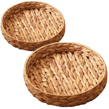 Imagem de 2 bandejas redondas de vime, bandejas de tecido grandes e pequenas para decoração de mesa de café, bandejas de servir de jacinto de água natural para decoração e organização