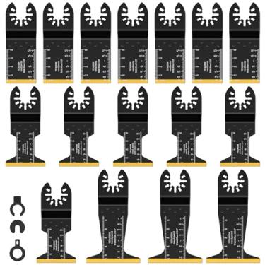 Imagem de XH Conjunto de lâminas de serra oscilantes bimetálicas de titânio com 16 peças de aço de alto carbono Lâminas de ferramentas oscilantes de corte universal com 3 espaçadores para corte de madeira e