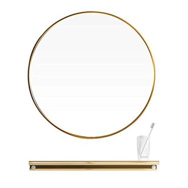 Imagem de Espelho de banheiro montado na parede espelho penteadeira moderna parede suspensa redonda com prateleira HD vidro barbear/penteadeira quarto escovado dourado 70 cm