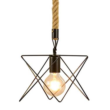 Imagem de YQSLQZZ Lustre de ilha de cozinha de restaurante, corda de sisal industrial, luzes de teto suspensas para casa de fazenda, gaiola de ferro preto, luminária pendente de pia de corredor, altura
