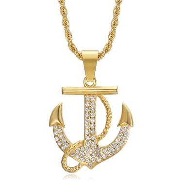 Imagem de Colar masculino com pingente de âncora náutica vintage banhado a ouro 18 K, corrente de corda de 61 cm, joia vintage azul-marinho hip hop, Large, Metal, Zircônia cúbica