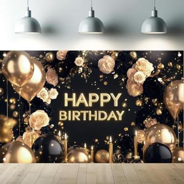 Imagem de Saoplasa Banner preto e dourado de feliz aniversário, elegante, balões de rosas pretas, fundo fotográfico dourado, adultos, homens, mulheres, decorações de festa de aniversário, adereços para cabine