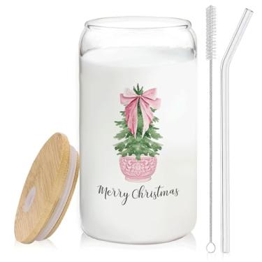 Imagem de BEHIFL Chinoiserie Coquette Copo de café de vidro para árvore de Natal com tampa e canudos 400 ml - Feliz Natal laço rosa jarro para beber presentes para mulheres crianças homens, copo de vidro para