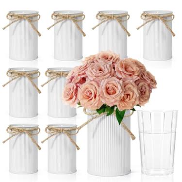 Imagem de 8 peças de vasos de metal rústico branco de 11 cm de altura, vaso de flores vintage com laço de barbante para mesa de centro de mesa, centros de mesa para casamentos, decoração de casa, cilindro, casa