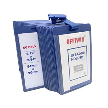 Imagem de OFFIWIN Porta-crachá de identidade, suporte de cartão de visita de plástico PP durável vertical azul com clipe, protetor de cartão com 1 janela transparente para identidade, pacote com 50 para cartões