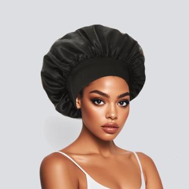 Imagem de Touca de banho de cetim preta para mulheres, toucas de seda para dormir, protetor de cabelo, touca elástica de aba larga para dormir