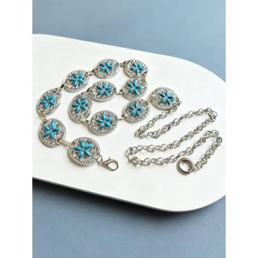 Imagem de Cinto de corrente de prata para mulheres, moda plus size, correntes de cintura prateadas, cintos de metal, turquesa, flor de pedra, cintos de barriga modernos para mulheres, acessórios elegantes