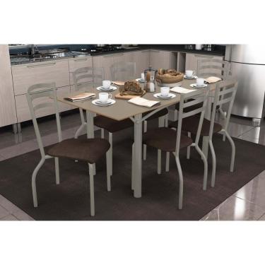 Imagem de Sala de Jantar Completa Elba Tampo Madeirado c/ Vidro 160cm e 6 Cadeiras Portugal Niquel/Freijo Bronze - Corano Marrom - Kappesberg