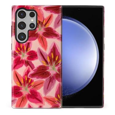 Imagem de Capa compatível com Samsung Galaxy S24 Ultra, capa rígida de policarbonato híbrida de 2 camadas + capa protetora de silicone, estampa floral de lírio rosa resistente a arranhões à prova de choque para