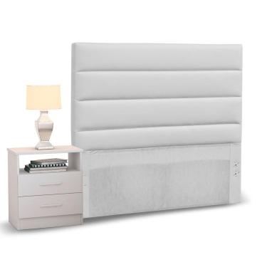 Imagem de Cabeceira Cama Box Solteiro 90cm Greta Corano Branco E 1 Mesa De Cabeceira Flex Branco - Mpozenato