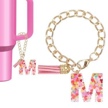 Imagem de Berloque de letras para copo Stanley, lindo pingente inicial m acessórios para chaveiro Stanley Tumbler Handle chaveiro personalizado para mulheres, rosa